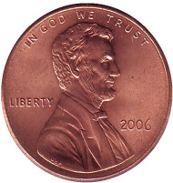 Монета 1 цент. 2006 год (P), США. Из обращения. Линкольн. Монета 1 цент. 2006 год (P), США. Из обращения. Линкольн.