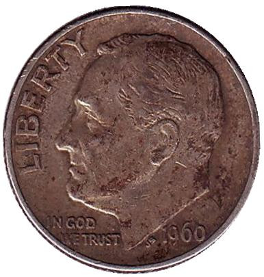 Монета 10 центов. 1960 год, США. Монетный двор D. Рузвельт.