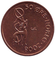 Монета 50 эре. 2008 год, Норвегия. Животное. Монета 50 эре. 2008 год, Норвегия. Животное.