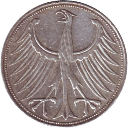 Монета 5 марок. 1960 год (D), ФРГ. Монета 5 марок. 1960 год (D), ФРГ.