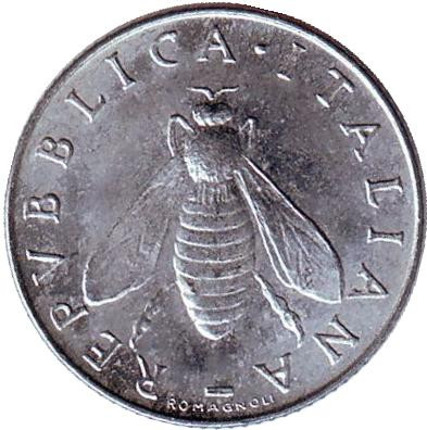 Монета 2 лиры. 1970 год, Италия. Медоносная пчела.