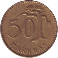 Монета 50 марок. 1954 год, Финляндия. Тип 2. Монета 50 марок. 1954 год, Финляндия. Тип 2.