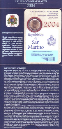 Монета 2 евро. 2004 год, Сан-Марино. (в буклете) Бартоломео Боргези. Монета 2 евро. 2004 год, Сан-Марино. (в буклете) Бартоломео Боргези.