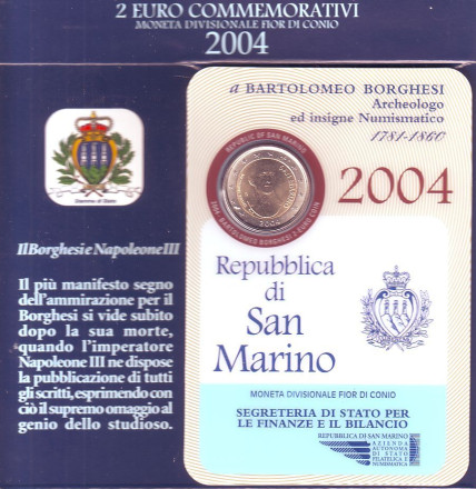 Монета 2 евро. 2004 год, Сан-Марино. (в буклете) Бартоломео Боргези. Монета 2 евро. 2004 год, Сан-Марино. (в буклете) Бартоломео Боргези.