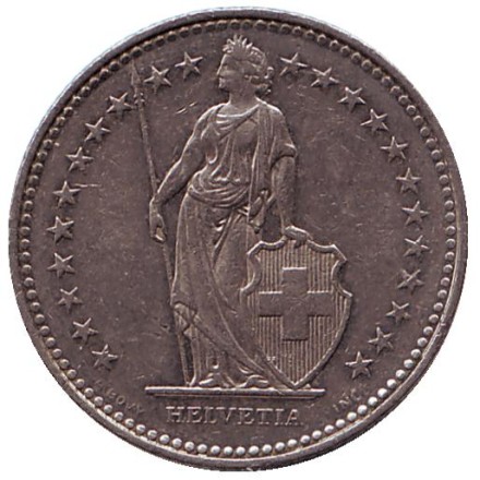 Монета 1 франк. 1987 (В) год, Швейцария. Гельвеция.