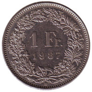 Монета 1 франк. 1987 (В) год, Швейцария. Гельвеция. Монета 1 франк. 1987 (В) год, Швейцария. Гельвеция.