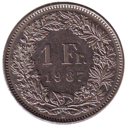 Монета 1 франк. 1987 (В) год, Швейцария. Гельвеция.