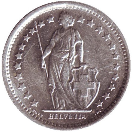 Монета 1/2 франка. 1967 год, Швейцария. Монета 1/2 франка. 1967 год, Швейцария.