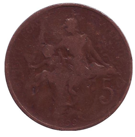 Монета 5 сантимов. 1899 год, Франция.
