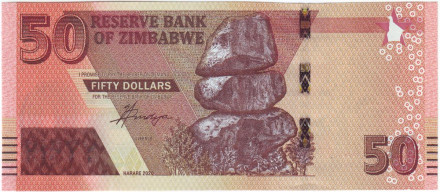Банкнота 50 долларов. 2020 год, Зимбабве. Банкнота 50 долларов. 2020 год, Зимбабве.