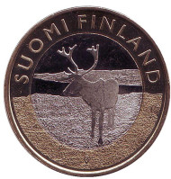 Монета 5 евро. 2015 год, Финляндия. Олень.