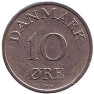 Монета 10 эре. 1960 год, Дания. (Старый тип: Дубовая ветвь ниже "FR IX") Монета 10 эре. 1960 год, Дания. (Старый тип: Дубовая ветвь ниже "FR IX")