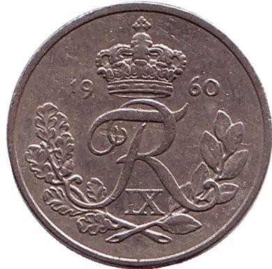 Монета 10 эре. 1960 год, Дания. (Старый тип: Дубовая ветвь ниже "FR IX") Монета 10 эре. 1960 год, Дания. (Старый тип: Дубовая ветвь ниже "FR IX")
