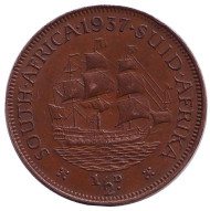 Монета 1/2 пенни. 1937 год, Южная Африка. Корабль "Дромедарис".