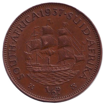 Монета 1/2 пенни. 1937 год, Южная Африка. Корабль "Дромедарис".