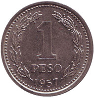 Монета 1 песо. 1957 год, Аргентина. Монета 1 песо. 1957 год, Аргентина.