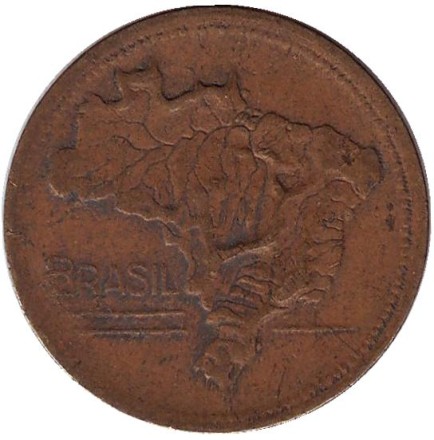 Монета 2 крузейро. 1950 год, Бразилия. Карта Бразилии. Монета 2 крузейро. 1950 год, Бразилия. Карта Бразилии.