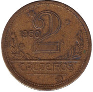 Монета 2 крузейро. 1950 год, Бразилия. Карта Бразилии. Монета 2 крузейро. 1950 год, Бразилия. Карта Бразилии.