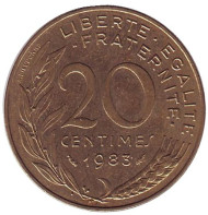 Монета 20 сантимов. 1983 год, Франция.