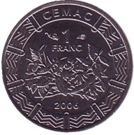 Монета 1 франк. 2006 год, Центральные Африканские Штаты. Монета 1 франк. 2006 год, Центральные Африканские Штаты.