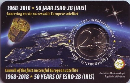 Монета 2 евро. 2018 год, Бельгия. (Надпись: Belgique) 50-летие запуска первого европейского спутника ESRO 2B. Монета 2 евро. 2018 год, Бельгия. (Надпись: Belgique) 50-летие запуска первого европейского спутника ESRO 2B.