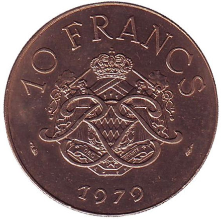 Монета 10 франков. 1979 год, Монако. Князь Монако Ренье III.