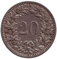 Монета 20 раппенов. 1906 год, Швейцария. Монета 20 раппенов. 1906 год, Швейцария.