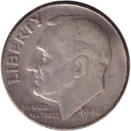 Монета 10 центов. 1946 год, США. Без обозначения монетного двора. Рузвельт. Монета 10 центов. 1946 год, США. Без обозначения монетного двора. Рузвельт.