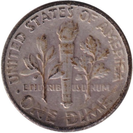 Монета 10 центов. 1946 год, США. Без обозначения монетного двора. Рузвельт. Монета 10 центов. 1946 год, США. Без обозначения монетного двора. Рузвельт.