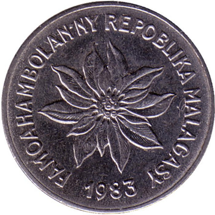Монета 1 франк. 1983 год, Мадагаскар. Буйвол. Пуансеттия. Монета 1 франк. 1983 год, Мадагаскар. Буйвол. Пуансеттия.