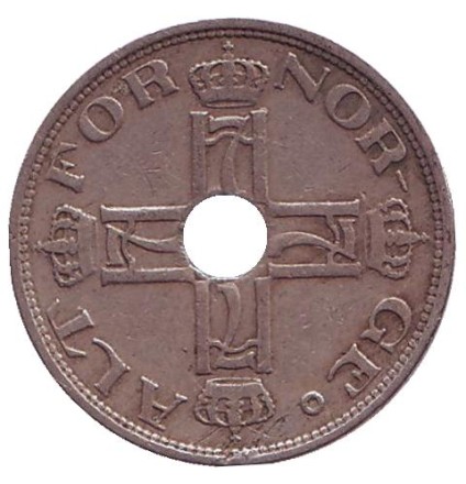Монета 50 эре. 1923 год, Норвегия. (отверстие в центре)