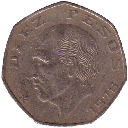 Монета 10 песо. 1978 год, Мексика. Мигель Идальго.