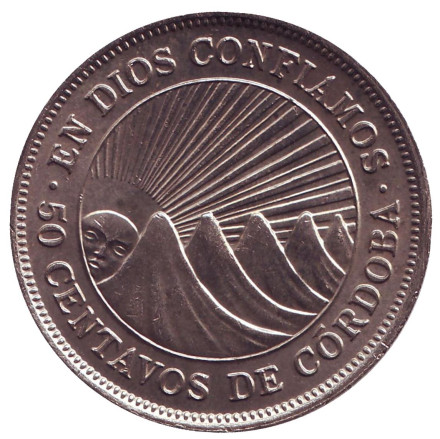 Монета 50 сентаво. 1974 год, Никарагуа. Горы-вулканы.
