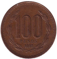 Монета 100 песо. 1997 год, Чили. Монета 100 песо. 1997 год, Чили.