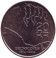 Монета 20 крон, 2014 год, Норвегия. 200-летие конституции. Монета 20 крон, 2014 год, Норвегия. 200-летие конституции.