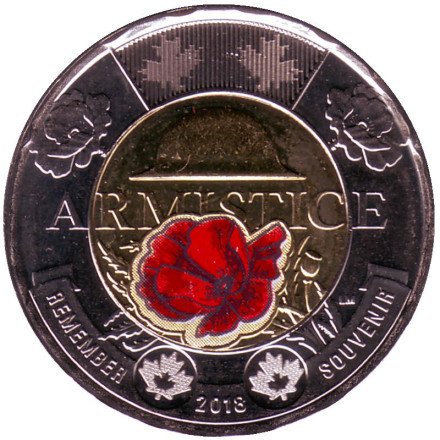 Монета 2 доллара (цветная). 2018 год, Канада. 100 лет со дня окончания Первой Мировой войны.