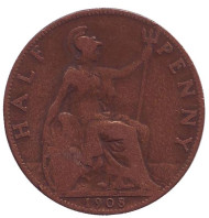 Монета 1/2 пенни. 1908 год, Великобритания. Монета 1/2 пенни. 1908 год, Великобритания.