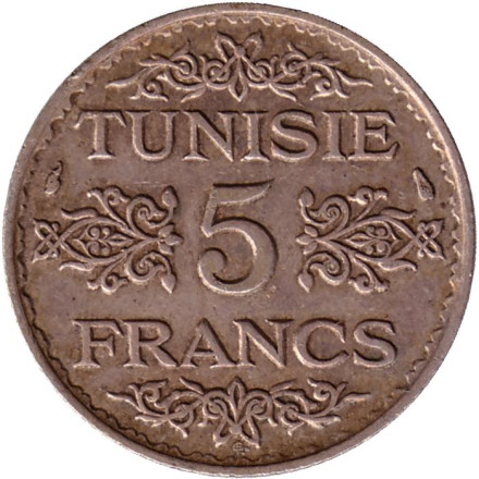 Монета 5 франков. 1936 год, Тунис.