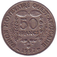 Монета 50 франков. 1997 год, Западные Африканские штаты. Монета 50 франков. 1997 год, Западные Африканские штаты.