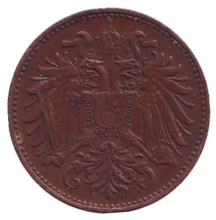 Монета 2 геллера. 1893 год, Австро-Венгерская империя. Австрийский тип.