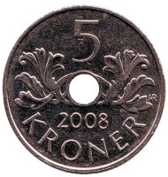 Монета 5 крон. 2008 год, Норвегия. Монета 5 крон. 2008 год, Норвегия.