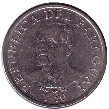 Монета 10 гуарани. 1980 год, Парагвай. Бык.