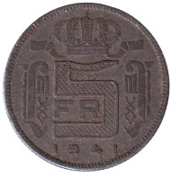 Монета 5 франков. 1941 год, Бельгия. (Des Belges) Монета 5 франков. 1941 год, Бельгия. (Des Belges)