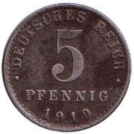 Монета 5 пфеннигов. 1919 (А) год, Германская империя. Монета 5 пфеннигов. 1919 (А) год, Германская империя.