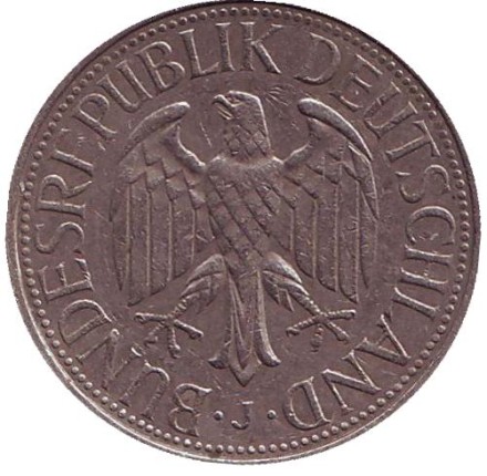 Монета 1 марка. 1977 год (J), ФРГ. Монета 1 марка. 1977 год (J), ФРГ.