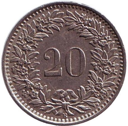Монета 20 раппенов. 1959 год, Швейцария.