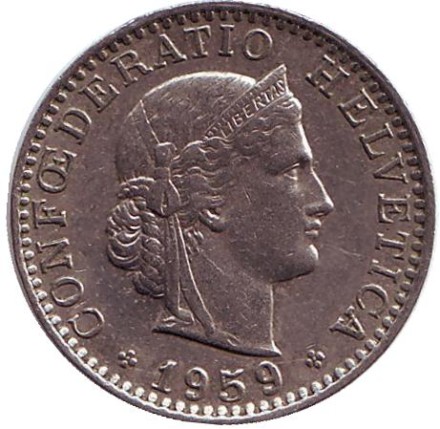 Монета 20 раппенов. 1959 год, Швейцария.