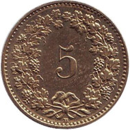 Монета 5 раппенов. 1996 год, Швейцария. Монета 5 раппенов. 1996 год, Швейцария.