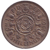 Монета 2 шиллинга. 1962 год, Великобритания. Монета 2 шиллинга. 1962 год, Великобритания.