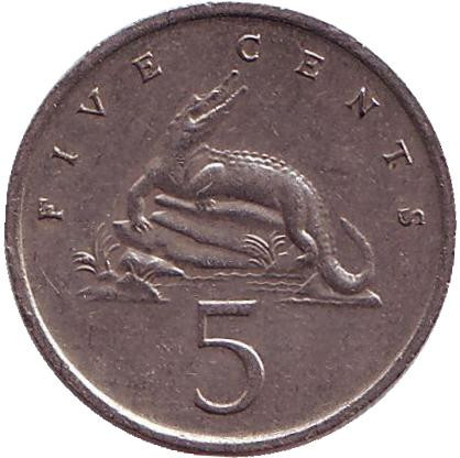 Монета 5 центов. 1983 год, Ямайка. Острорылый крокодил.